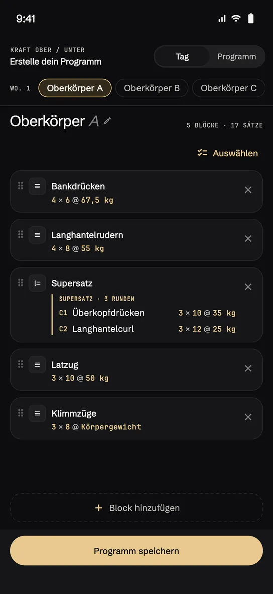 Der Plan nach Tagen