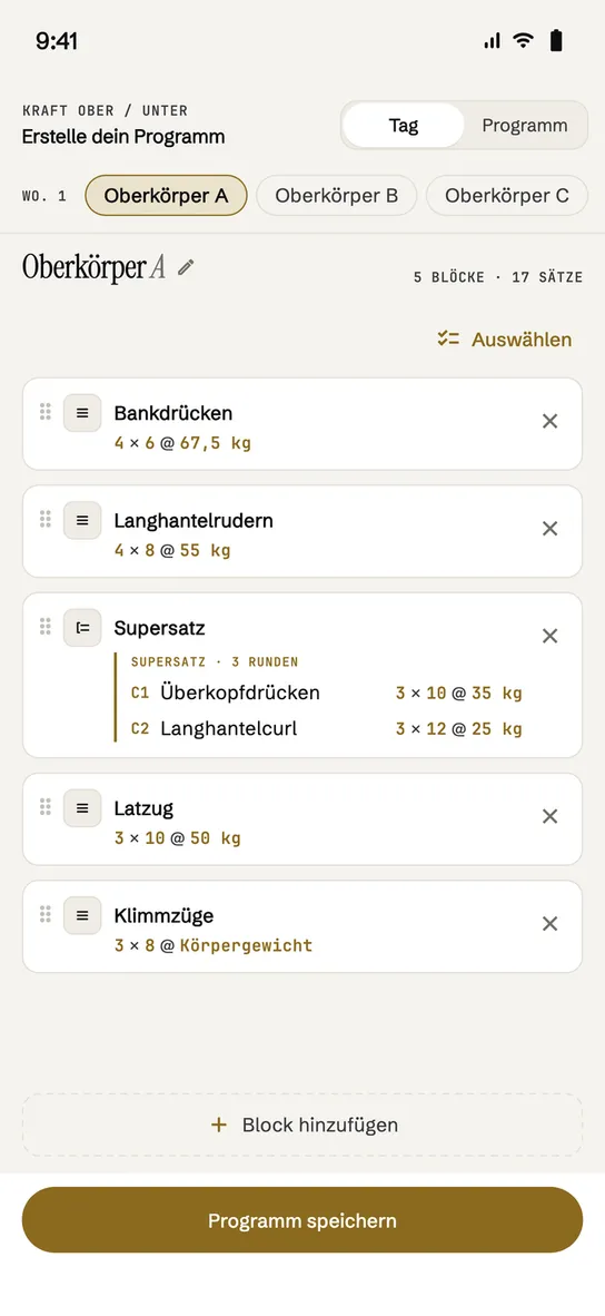 Der Plan nach Tagen